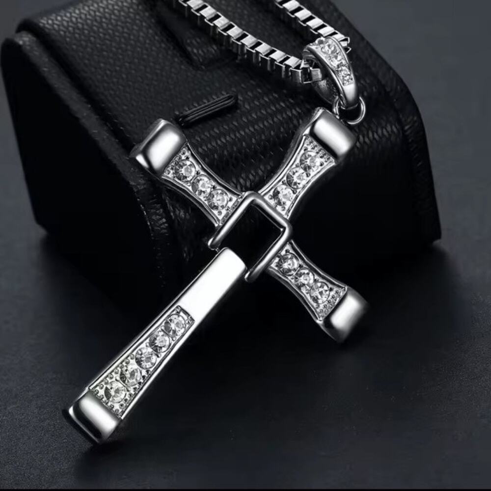 Silver Cross Necklace Fast & Furious CZ Diamonds Christian Vin Diesel Faith Gift